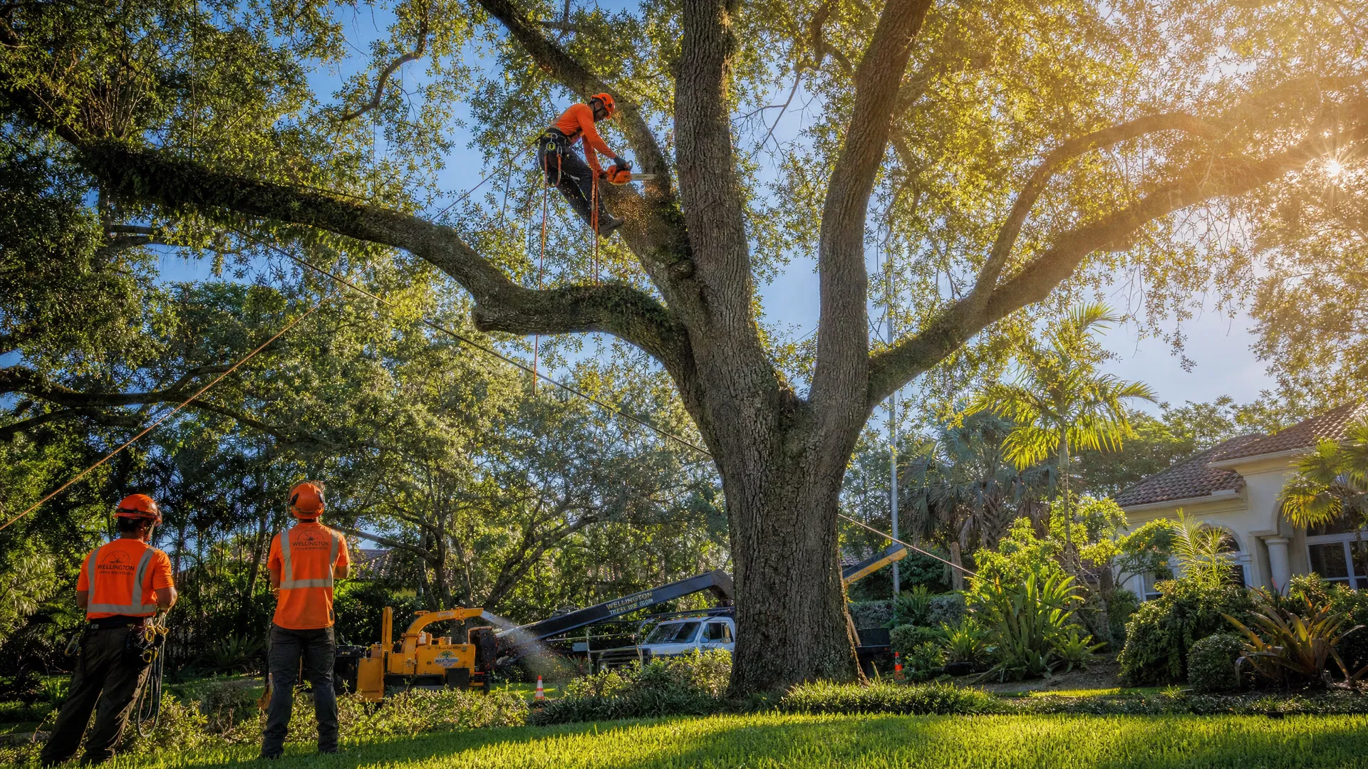 Professional tree service crew working on a large oak tree