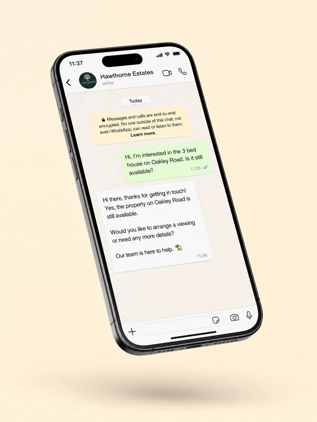 WhatsApp conversation showing automated personalised reply