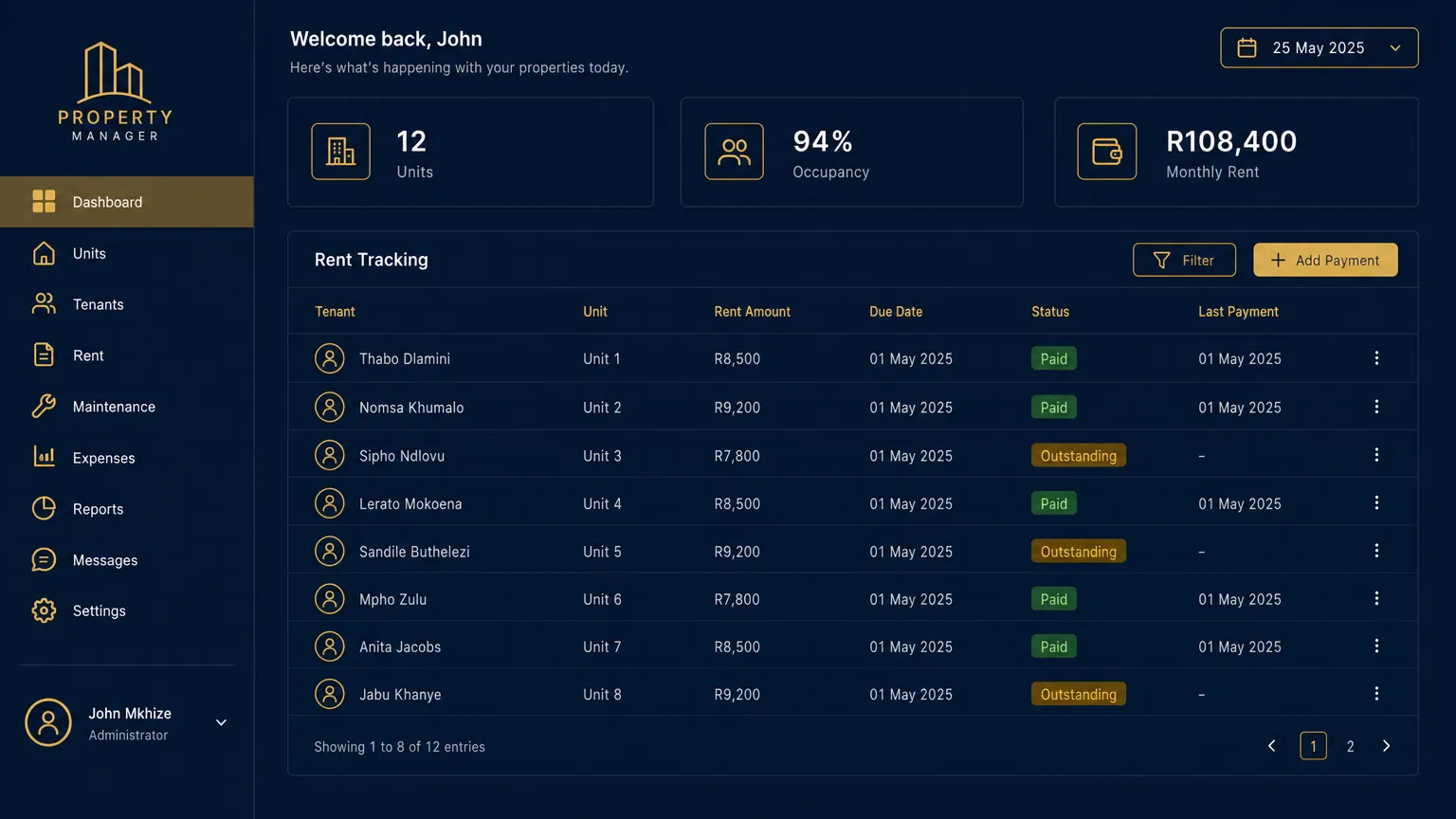 PropKeep dashboard showing rent tracking with SA tenant names and ZAR amounts
