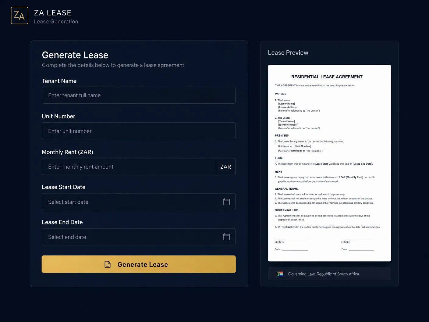 PropKeep lease generation form with SA-specific fields