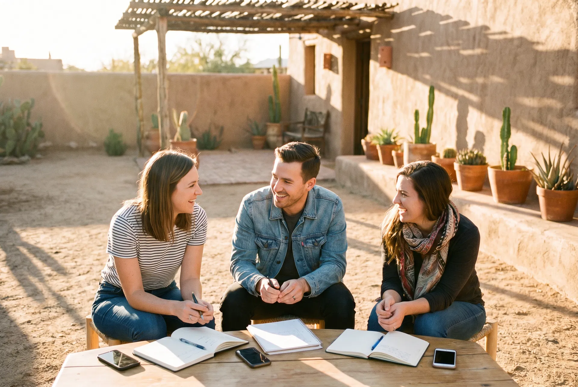 Fellows collaborating in a desert courtyard