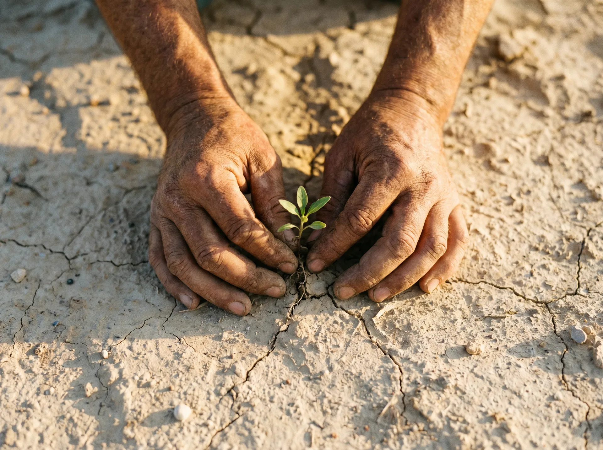 Hands planting a seedling in desert soil