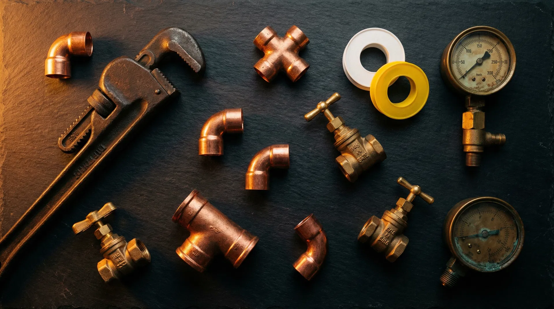 Professional plumbing tools and copper fittings