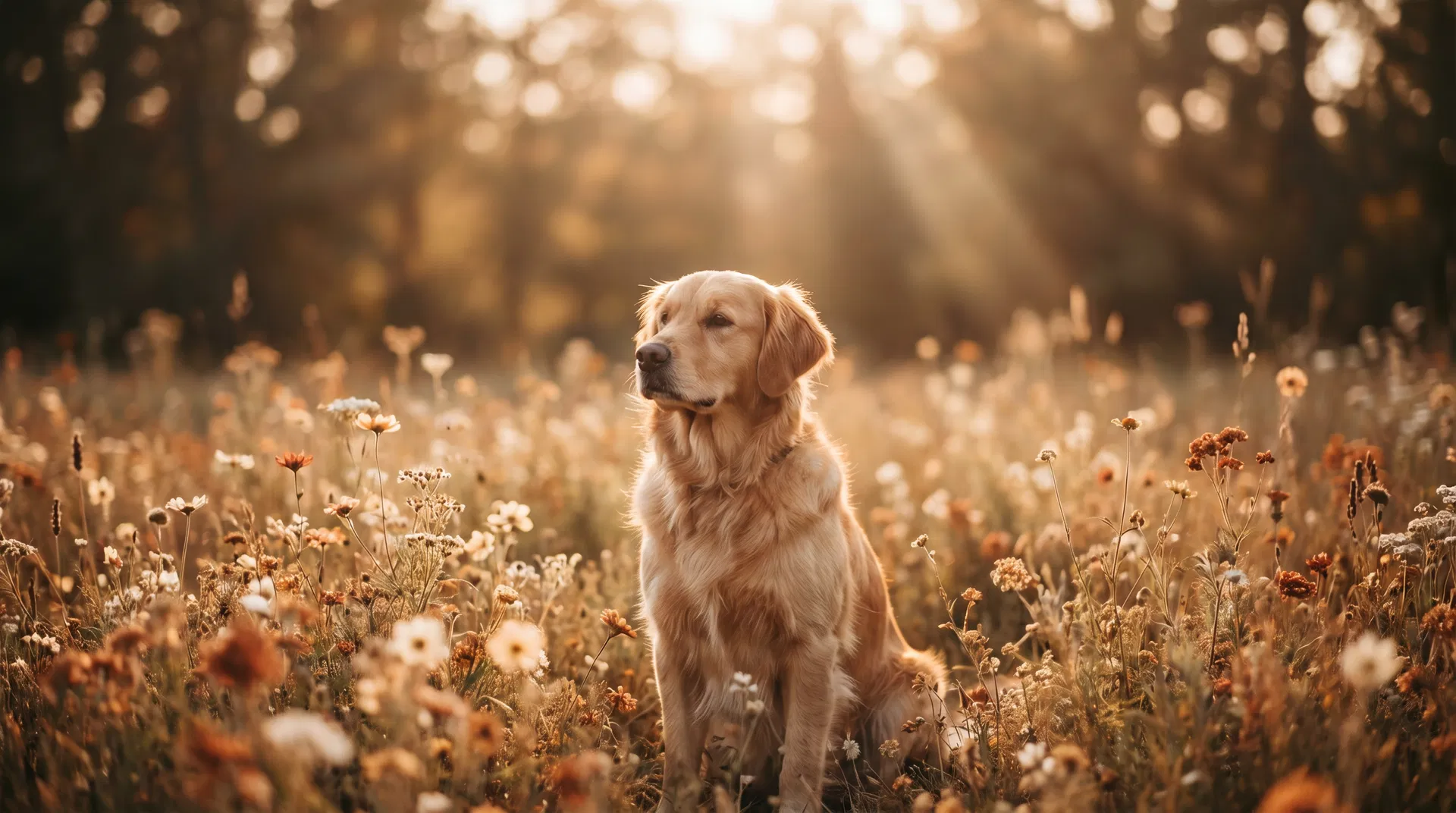 Golden retriever in a sunlit meadow