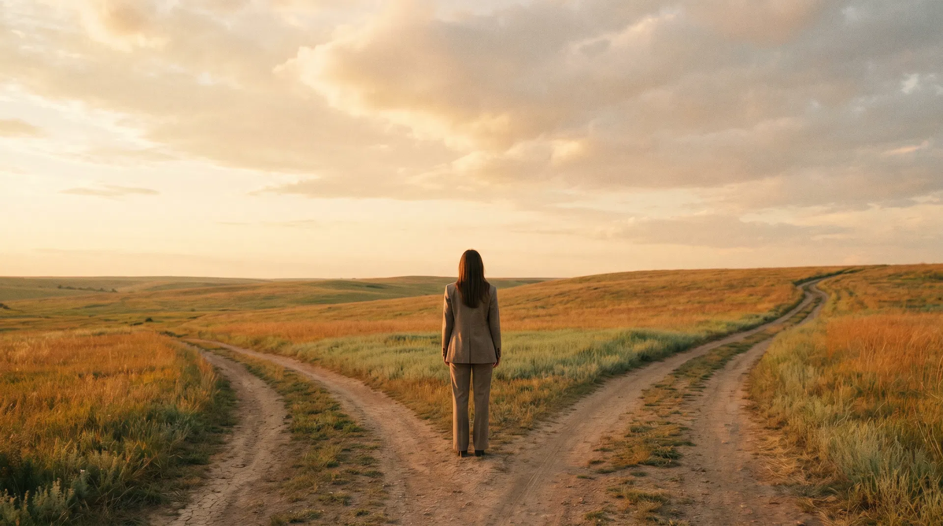 Woman standing at a crossroads in golden landscape