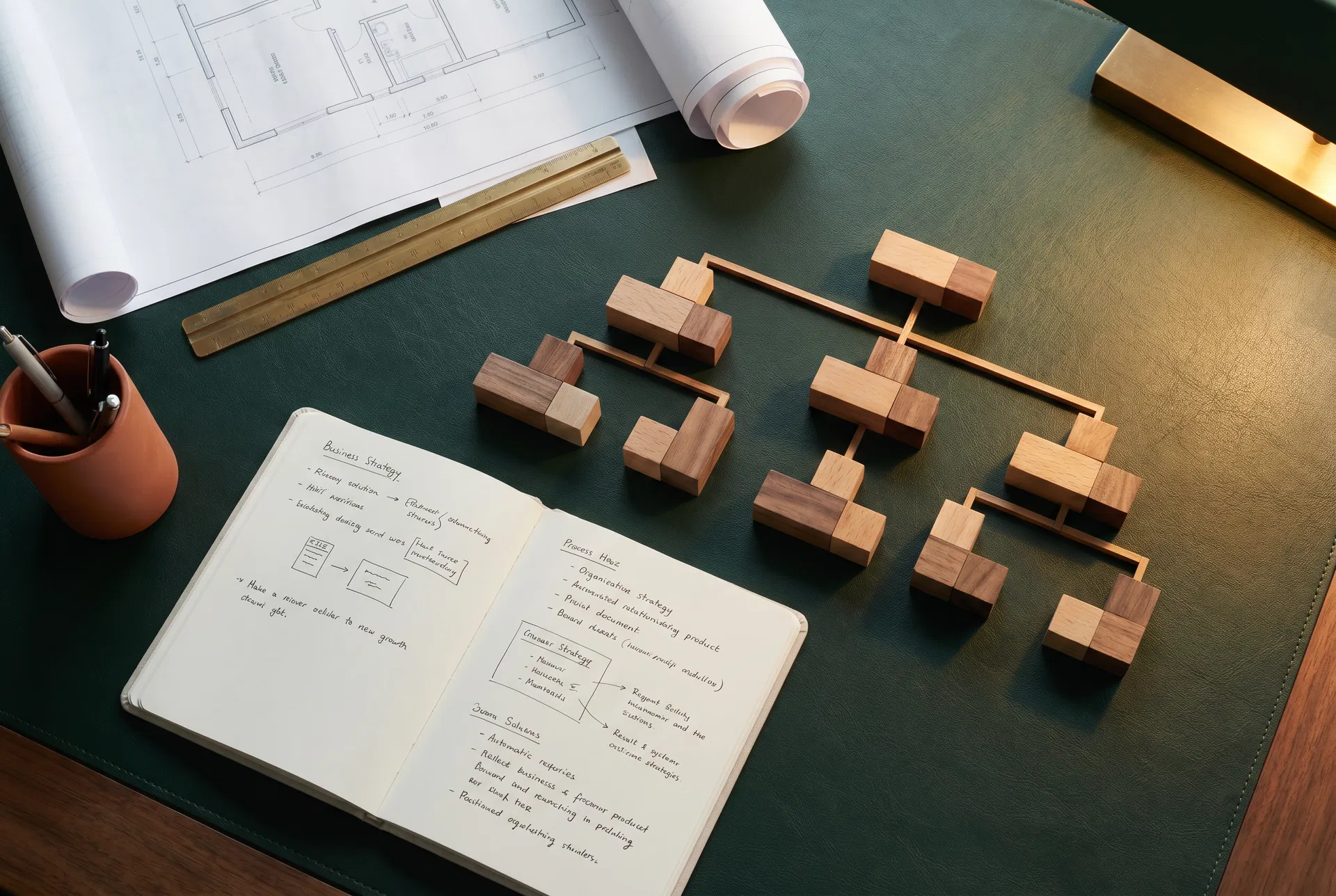 Strategic business materials on a forest green desk