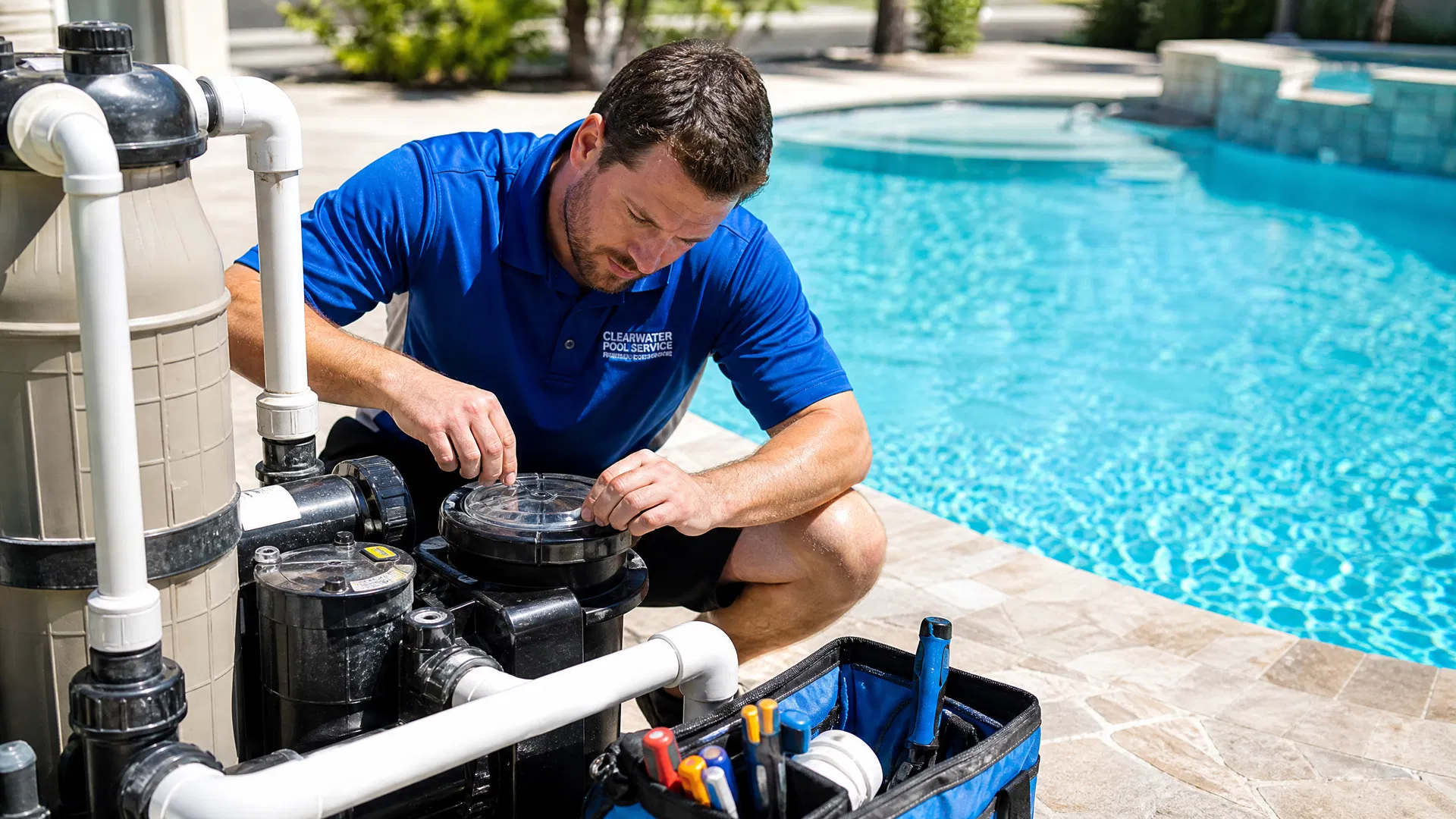 Professional pool technician at work