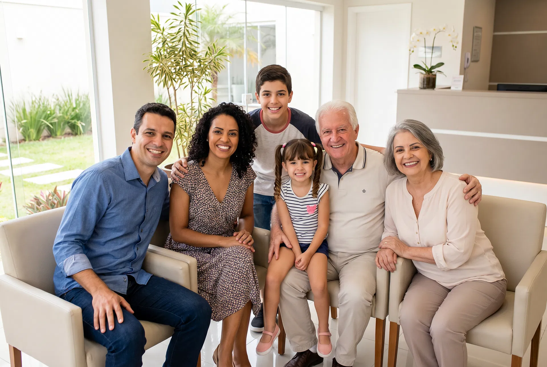 Família completa — pai, mãe, filho, filhinha, avô e avó — sorrindo na clínica odontológica de Peruíbe