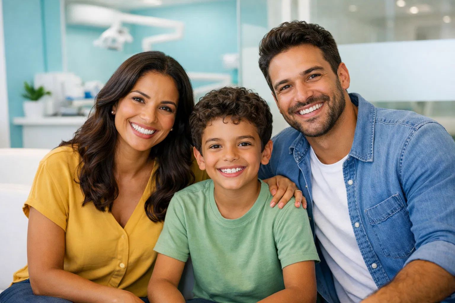 Família sorrindo na clínica odontológica de Peruíbe