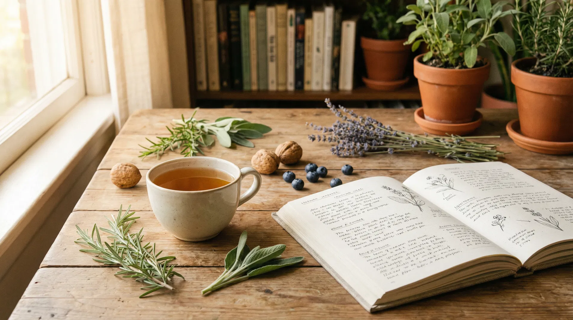 Wellness scene with herbal tea and botanical journal