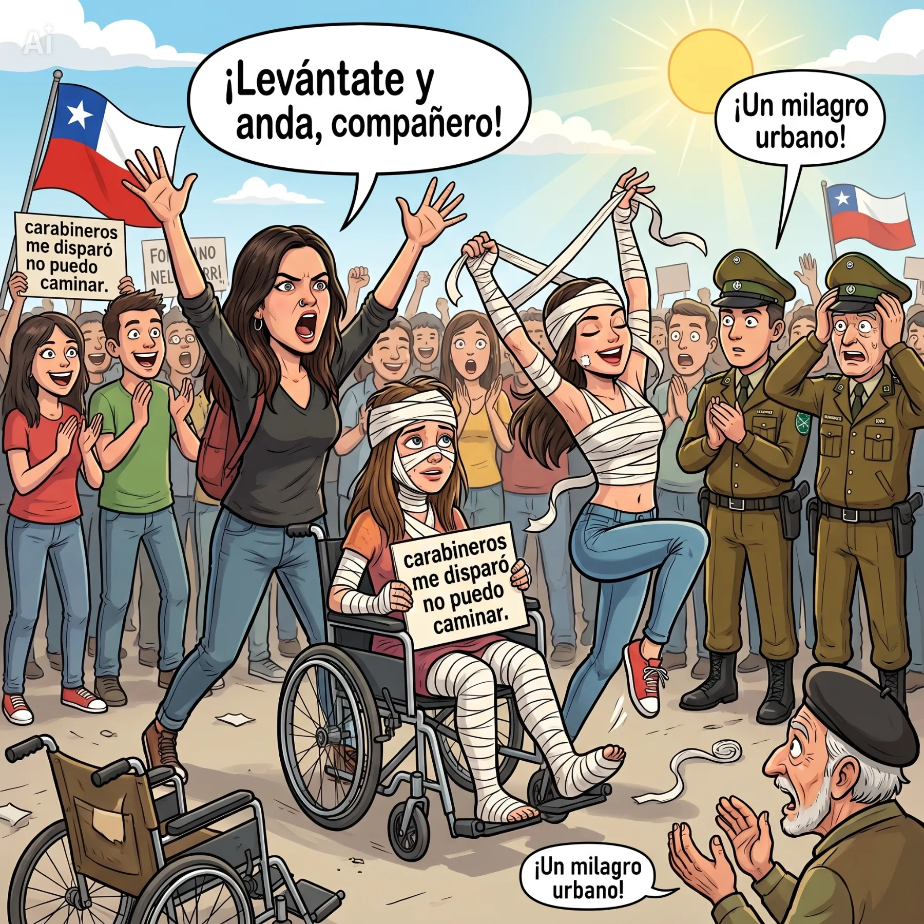 Diputada Camila Vallejo participa en protesta frente a comisaría con persona en silla de ruedas que luego aparece caminando