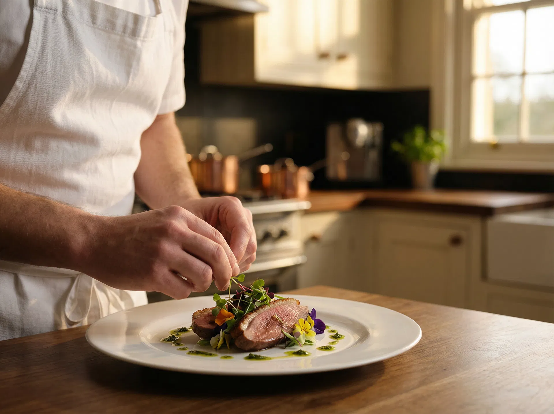 Personal chef plating a gourmet dish
