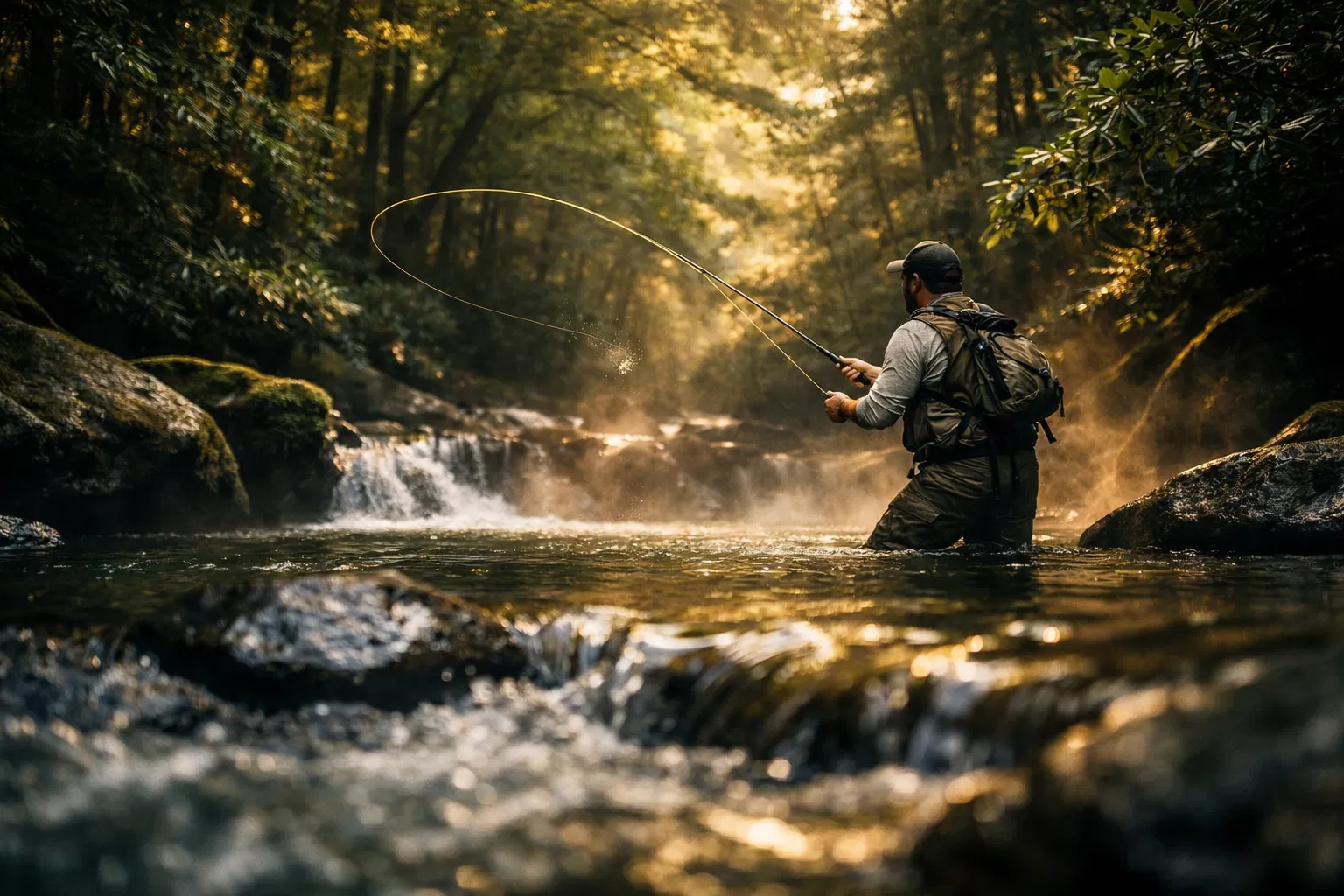 Fly fisherman wading the Doe River, Tennessee