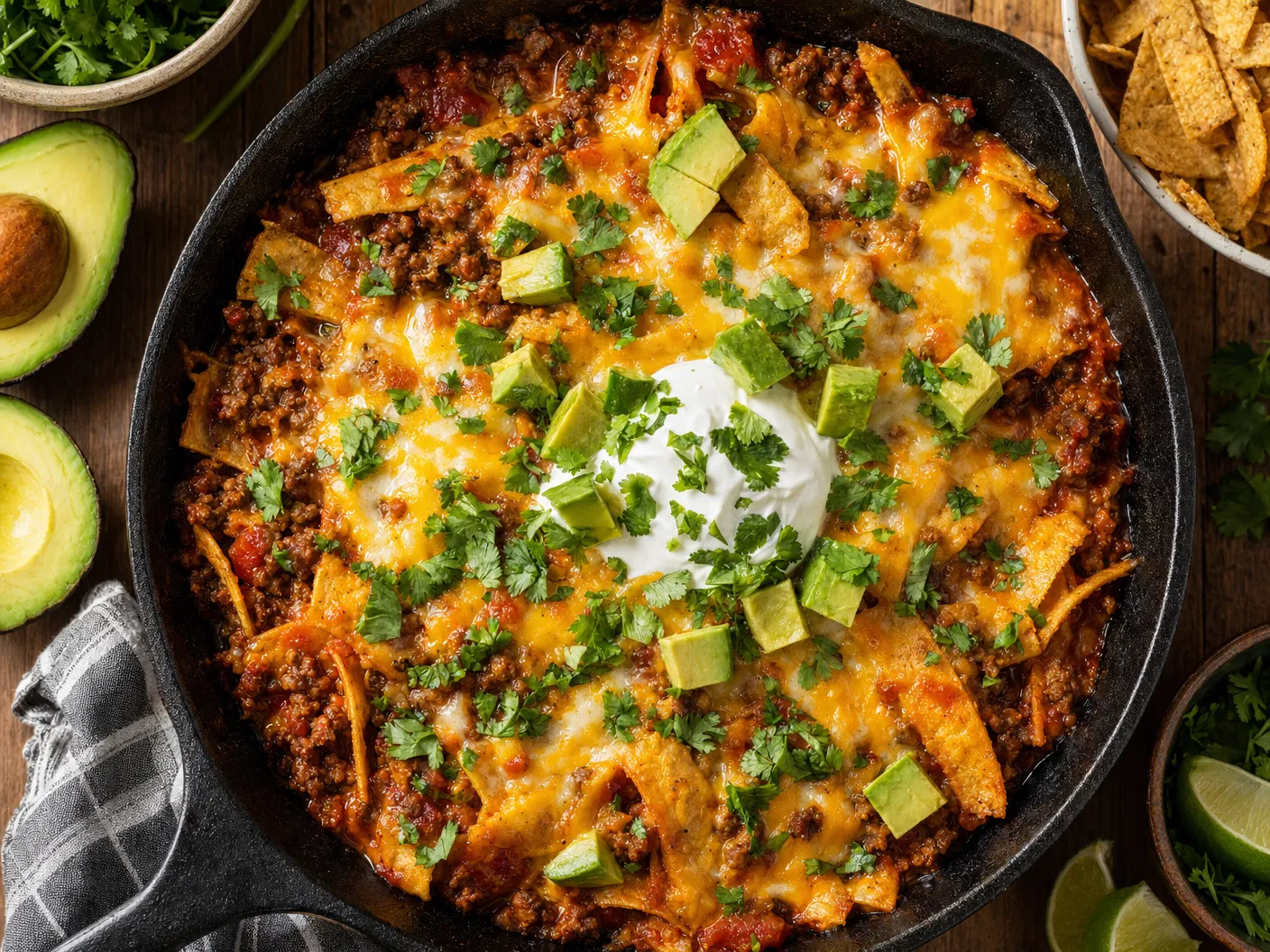Cheesy Ground Beef Enchilada Skillet