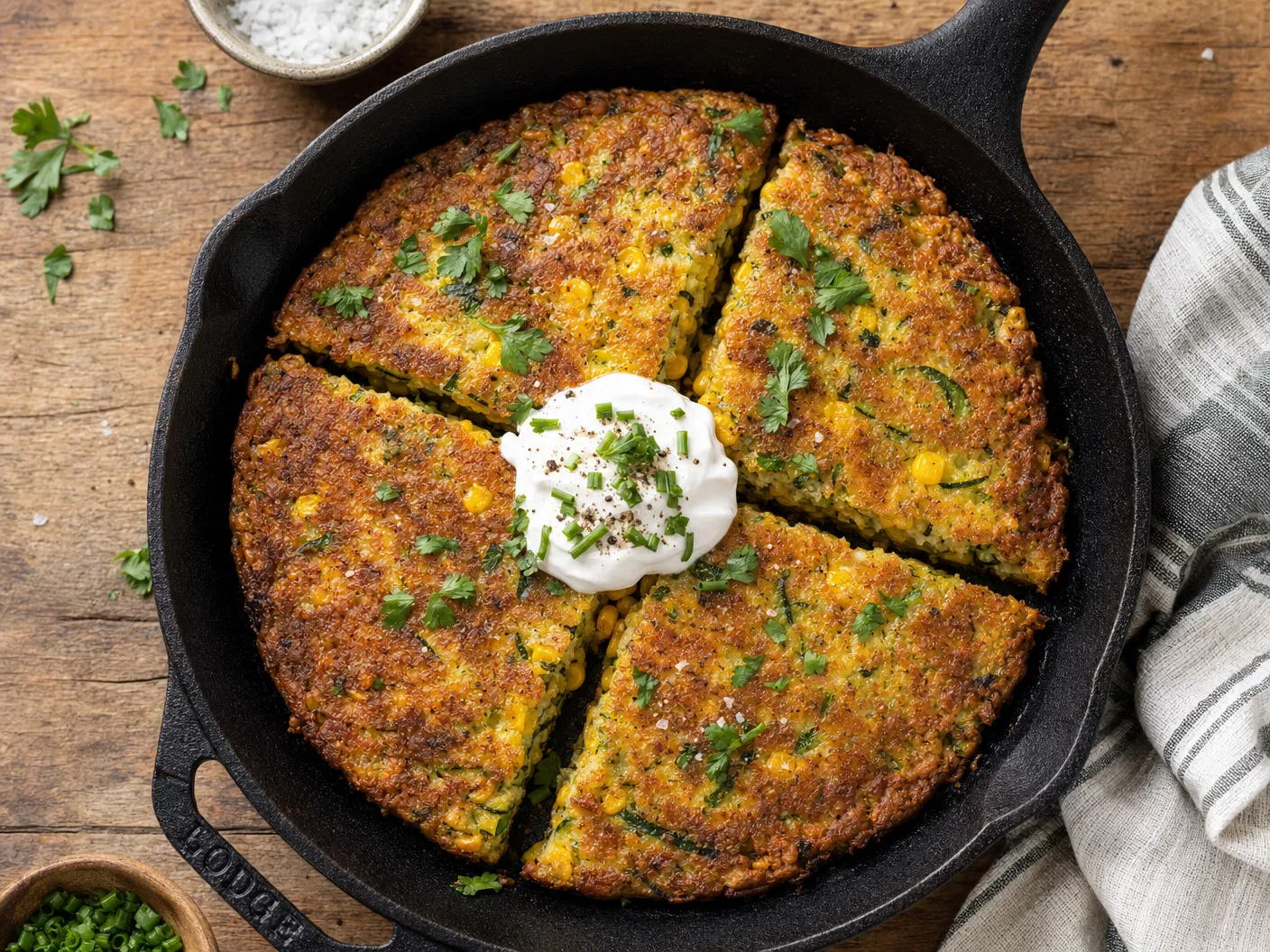 Zucchini and Corn Fritter Skillet
