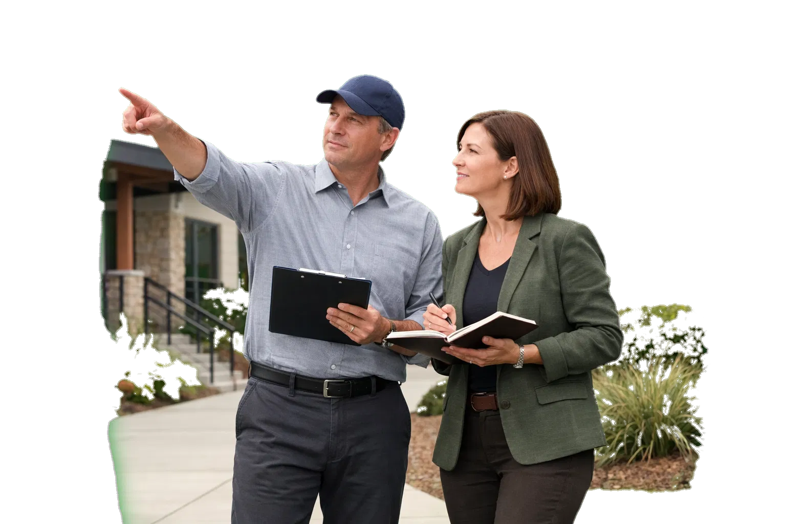 Property management team reviewing a site plan outdoors