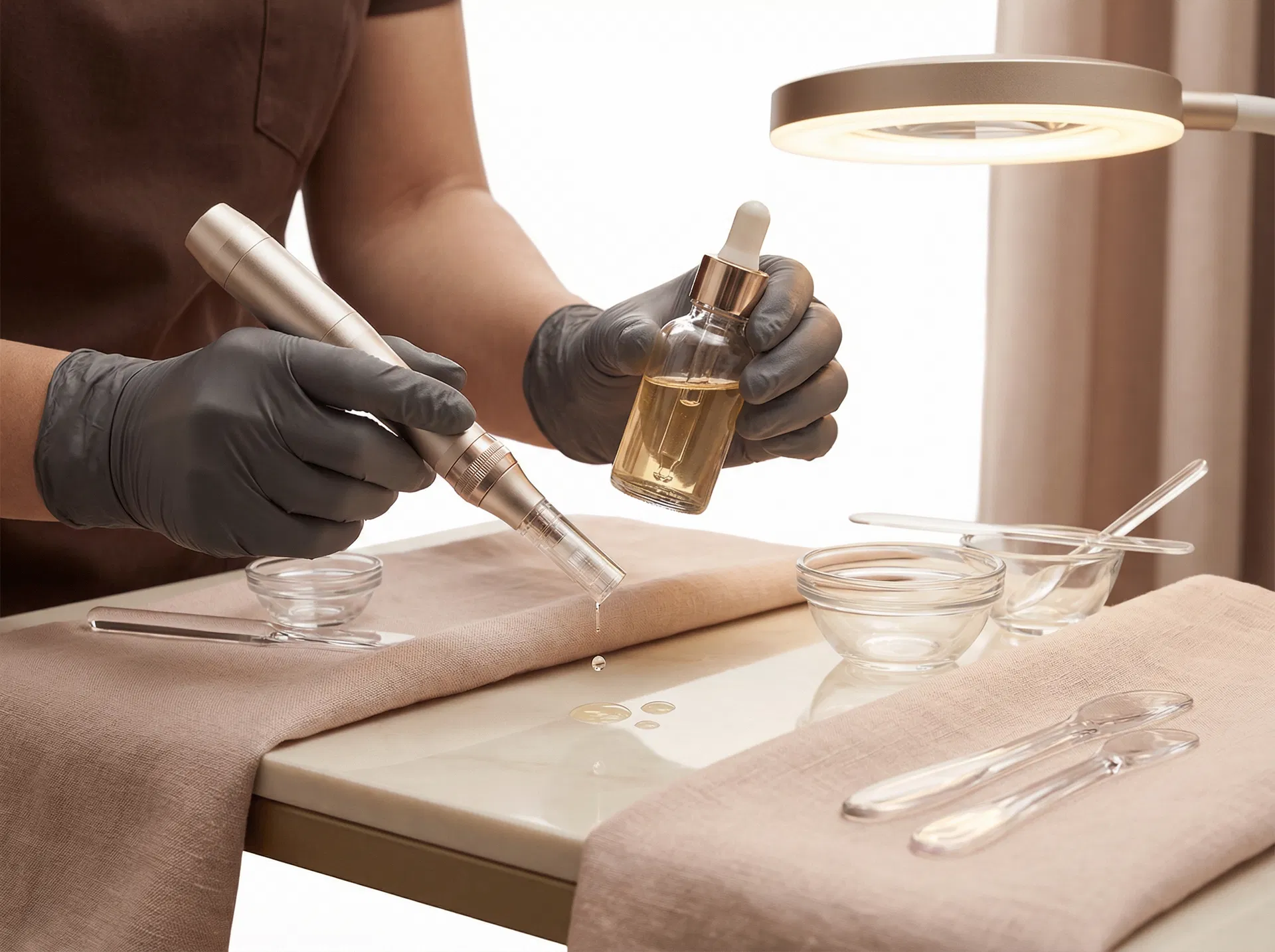 Luxury clinical close-up representing PRP and microneedling treatments