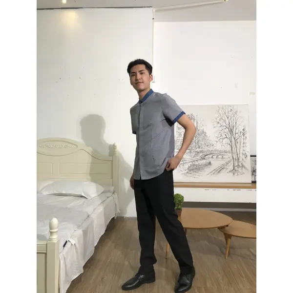bd-mo-145 設計長袖立領,帶兩個鈕扣。襯裡設計。口袋設計。|制服展示圖