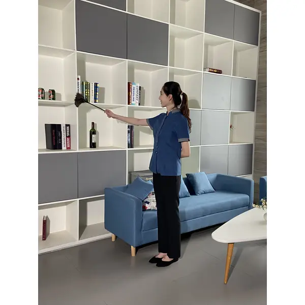 Contrast‑colour stand‑collar housekeeping uniform with resin buttons|Uniform product view
