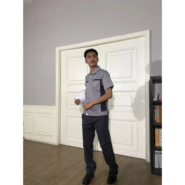 bd-mo-052 訂購酒店維修制服在線模型展示黑色和灰色拼接上衣工裝製服酒店維修制服製造商|制服展示圖