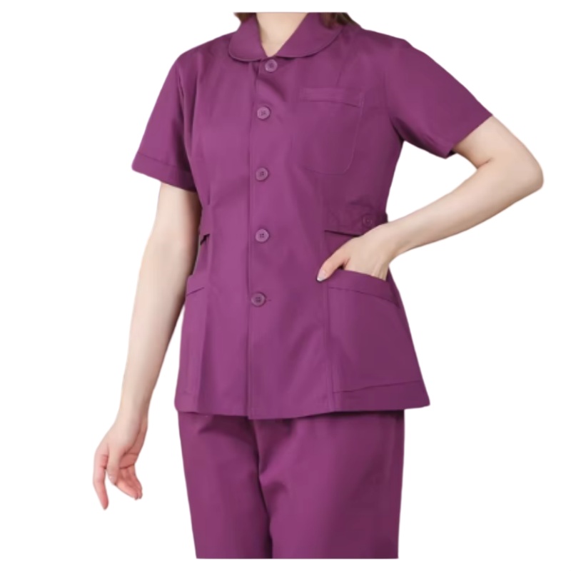 優雅紫短袖護士服套裝，透氣舒適，香港專業醫療制服訂造首選
