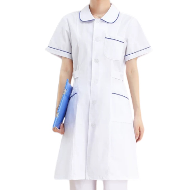專業醫護短袖護士服 | 藍邊圓領設計 | 診所牙醫體檢中心專用制服訂造