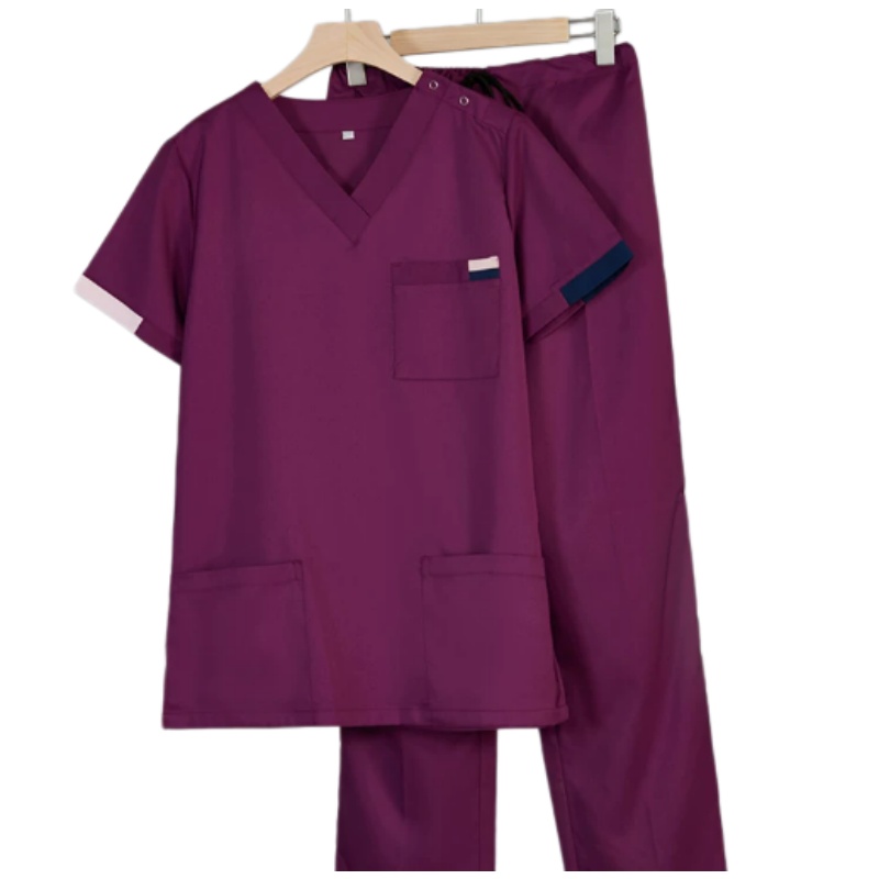 診所牙醫專用彈力洗手服：酒紅V領短袖，舒適耐磨，香港制服訂造首選