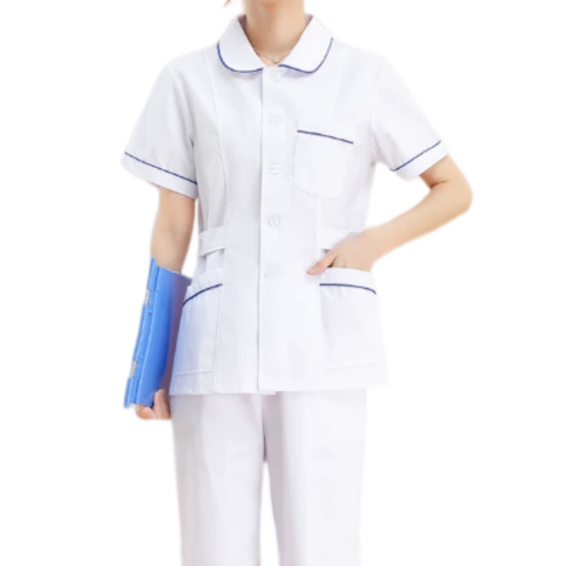 專業圓領短袖護士服套裝：白色藍邊設計，診所牙醫體檢中心專用制服