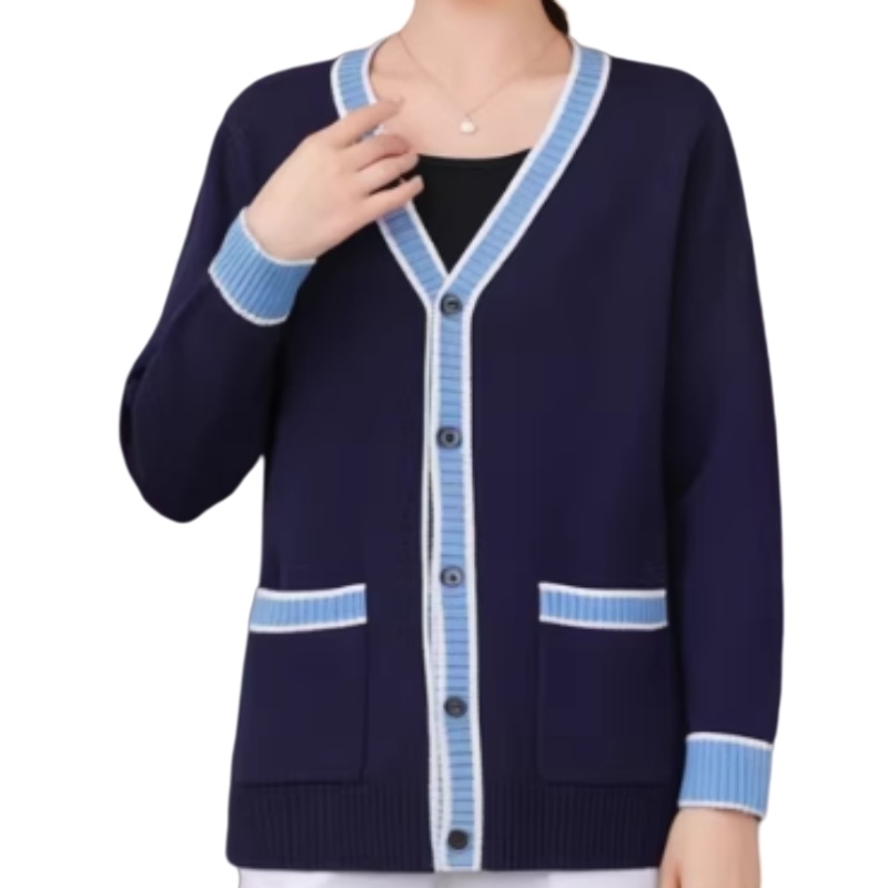 香港診所護士制服訂造：優雅藍白拼接V領針織外套，舒適保暖，專業形象首選