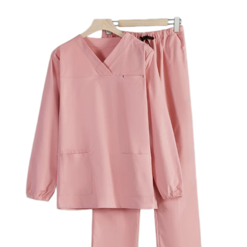 彈力親膚粉色長袖洗手服套裝：診所牙醫專用，舒適耐穿，專業形象首選