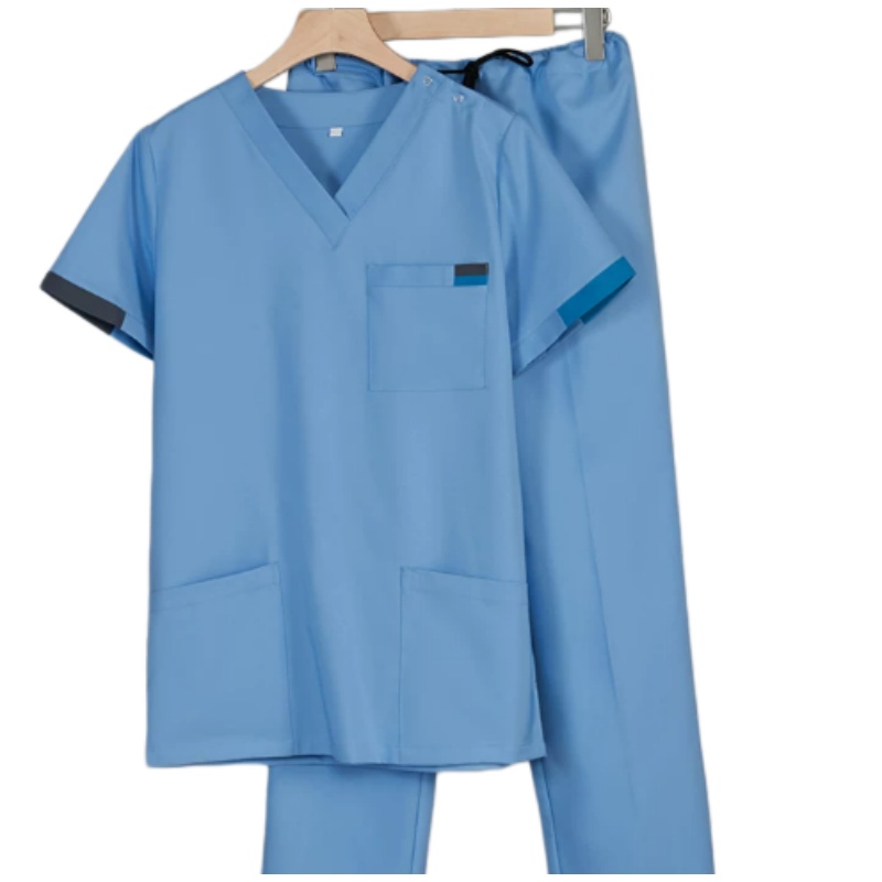 設計專業彈力洗手服套裝：診所牙醫體檢中心適用，V領短袖多口袋設計