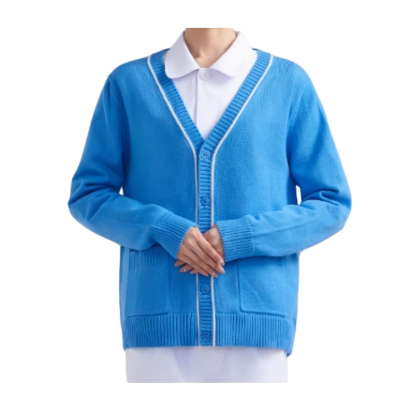 診所/牙醫/體檢中心專業護士制服訂造：藍色V領開衫，舒適針織，香港訂製