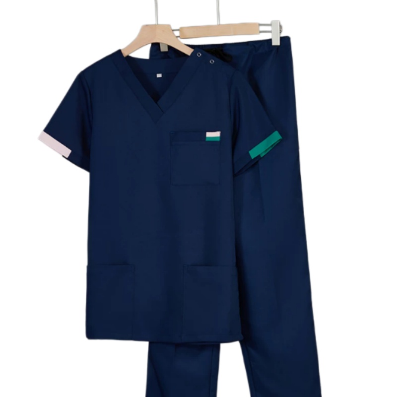 批發彈力舒適V領洗手服套裝：深藍短袖，多口袋設計，適用診所體檢中心