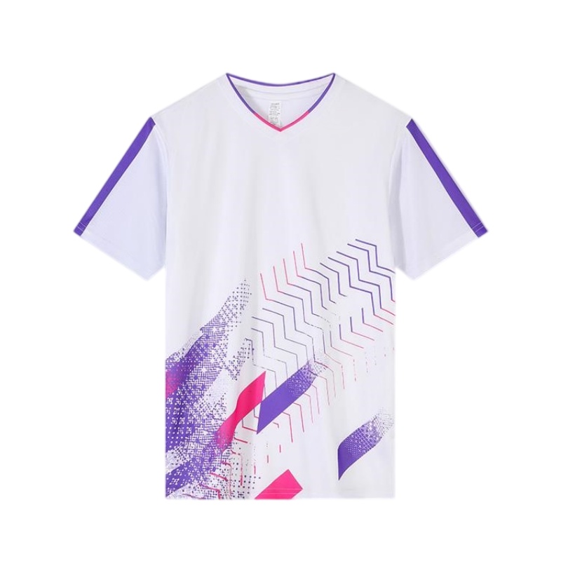 香港排球服訂造 - 白色紫粉幾何印花透氣V領運動球衣