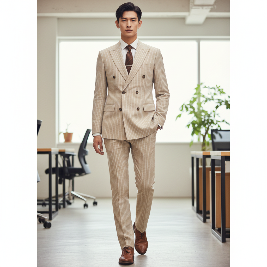 訂製男裝西裝套裝 | 米色條紋雙排扣西裝 | 展現專業與時尚 | 商務西裝 | 企業西裝設計 1