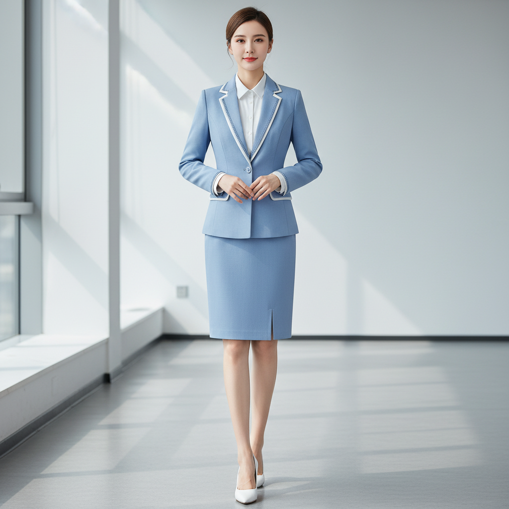 時尚插畫西裝套裝設計 | 專業典雅淺藍女士西裝套裝 | 透氣抗皺 | 展現企業專業形象 1