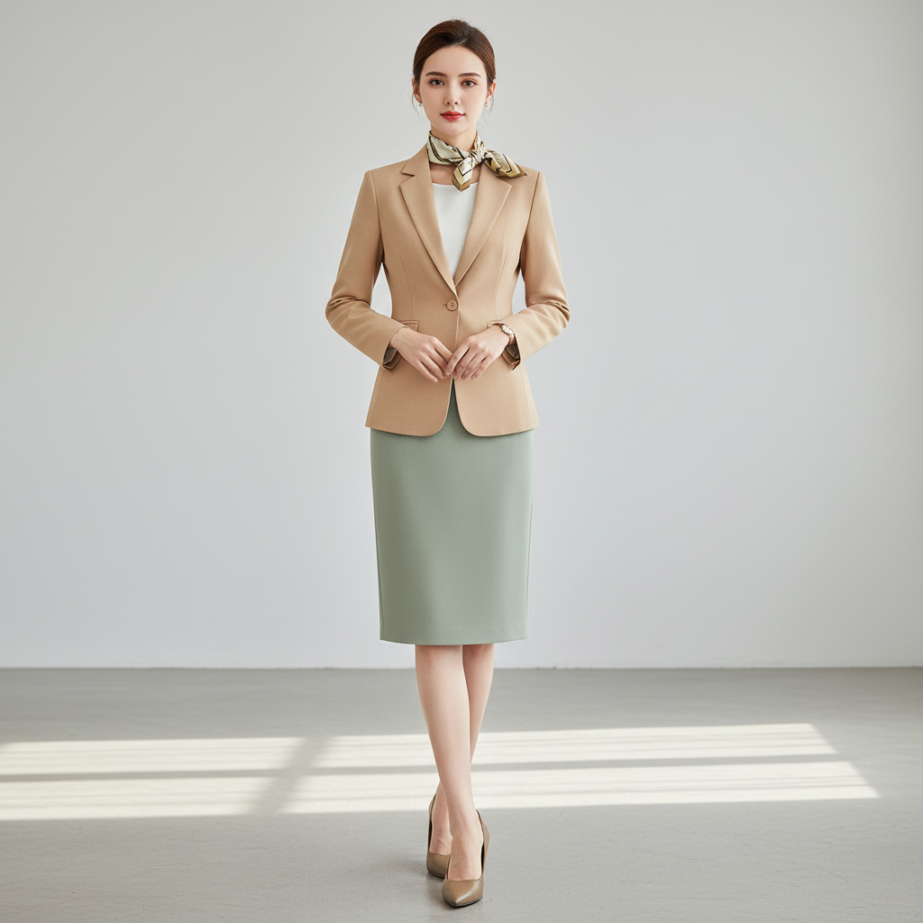 女裝西裝套裝訂製 | 專業商務形象 | 免費制服設計服務 | 卡其色和綠色西裝裙設計 2