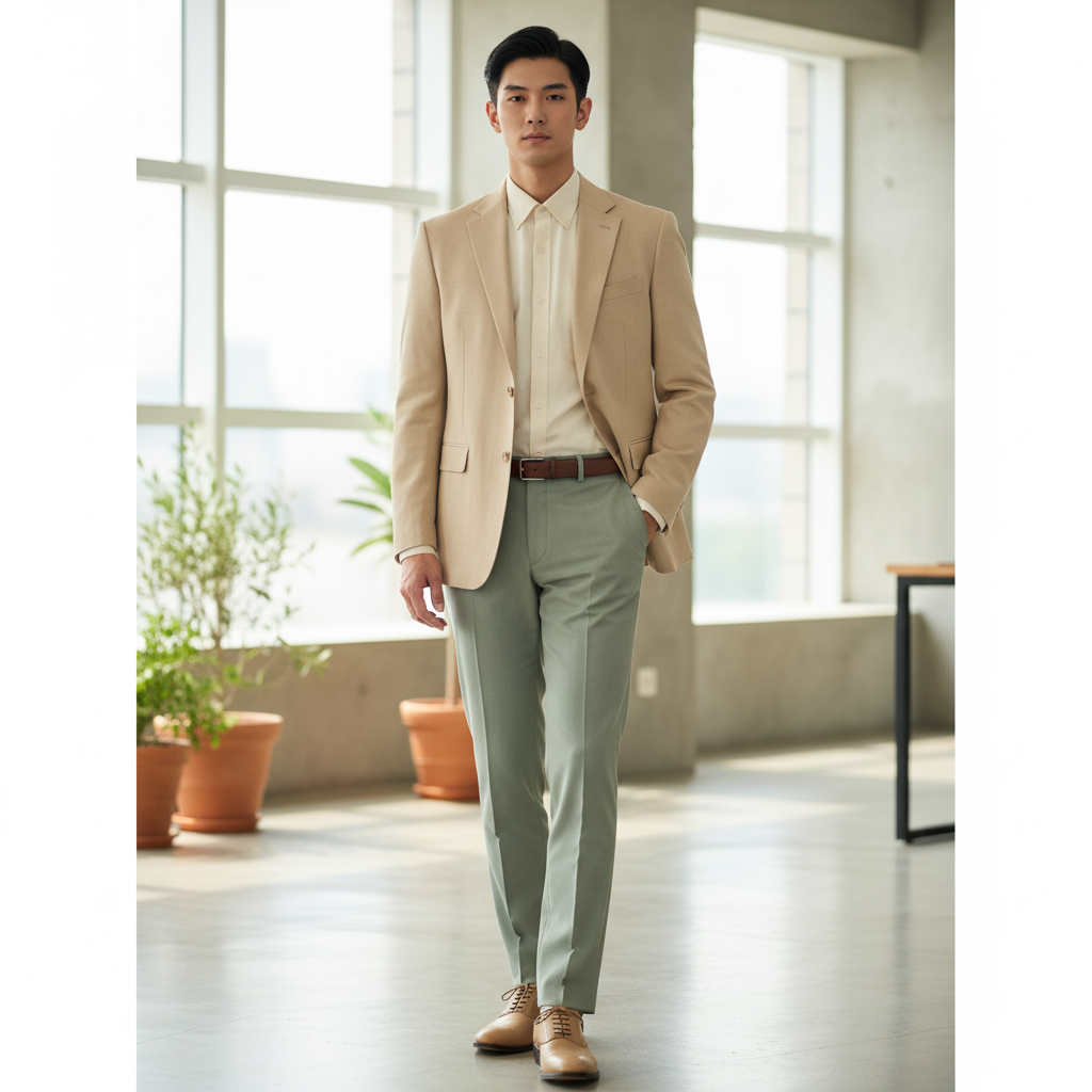設計男裝杏色西裝外套 | 時尚綠色西裝褲 | 輕奢商務休閒西裝套裝 | 透氣舒適 | 展現專業時尚 1