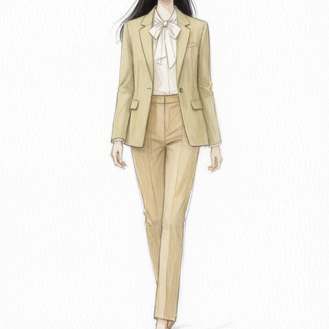 設計女裝職業西裝套裝 | 米色領結襯衫 | 配淺橄欖綠西裝套裝 | 專業女裝制服訂造 | 時尚插畫圖設計 2