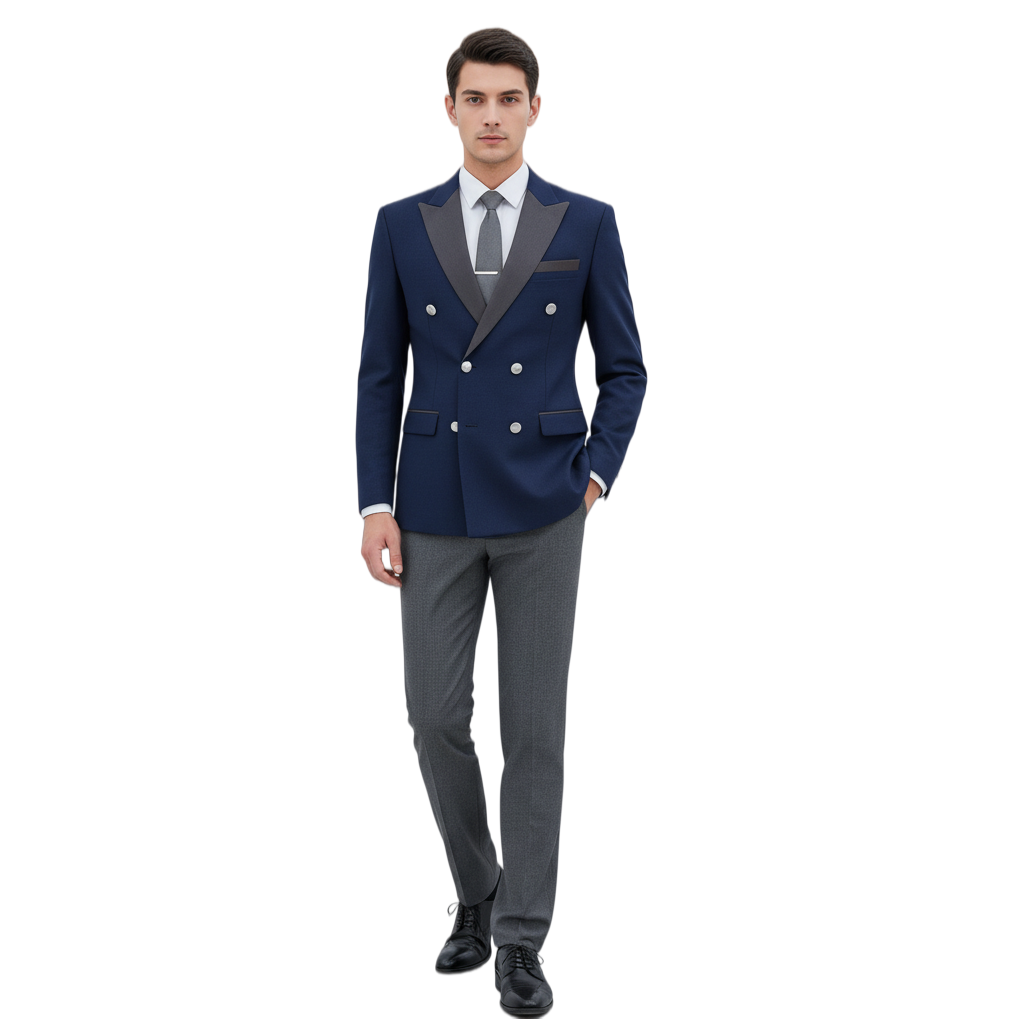 設計海軍藍雙排扣西裝套裝 | 配灰色西褲 | 專業定制 | 彰顯非凡品味 | 西裝領灰色撞色設計 1