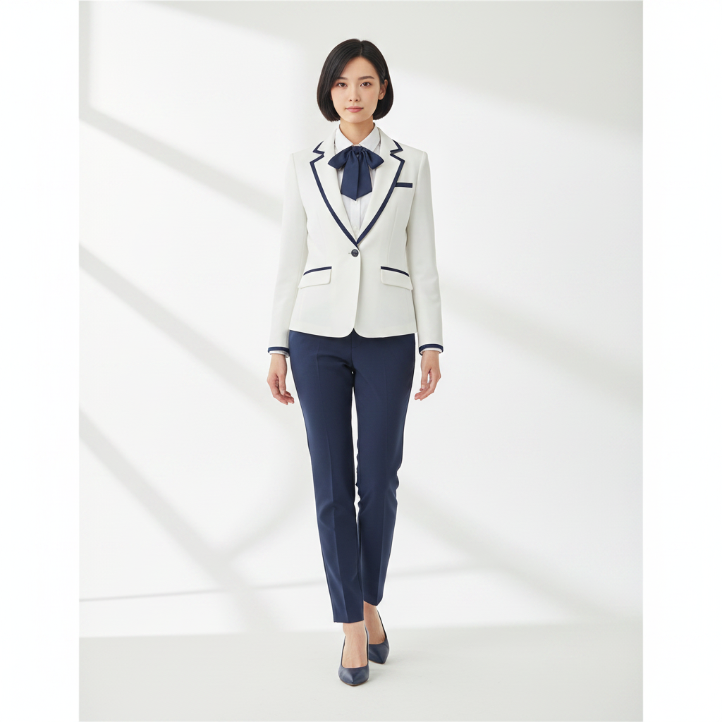 設計時尚商務女裝制服 | 經典白藍撞色 | 透氣修身西裝套裝 1