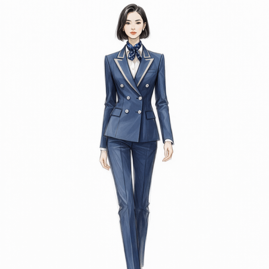 專業商務女西裝制服訂造 | 免費制服設計諮詢 | 一站式企業制服服務 | 深藍色雙排扣西裝套裝 1