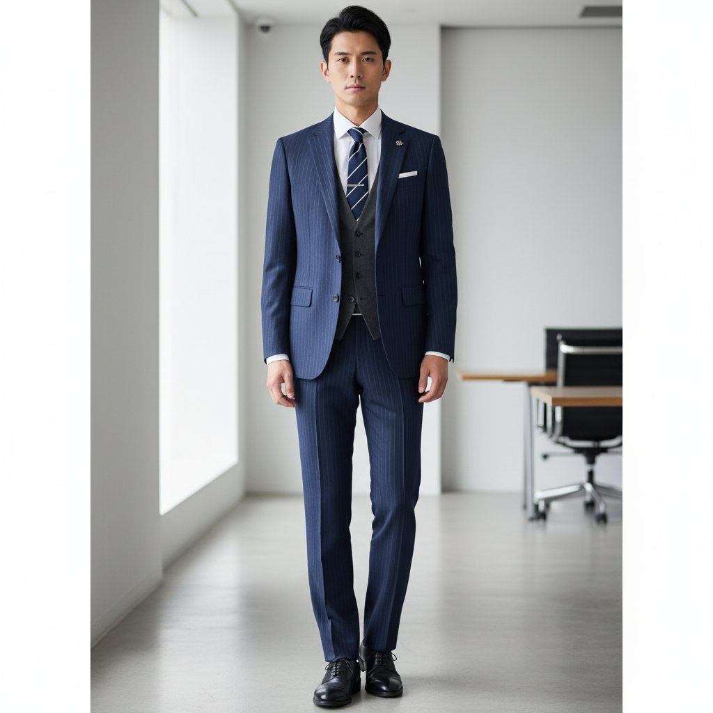設計商務男西裝套裝 | 經典藍色條紋三件式西裝 | 展現專業與品味 1