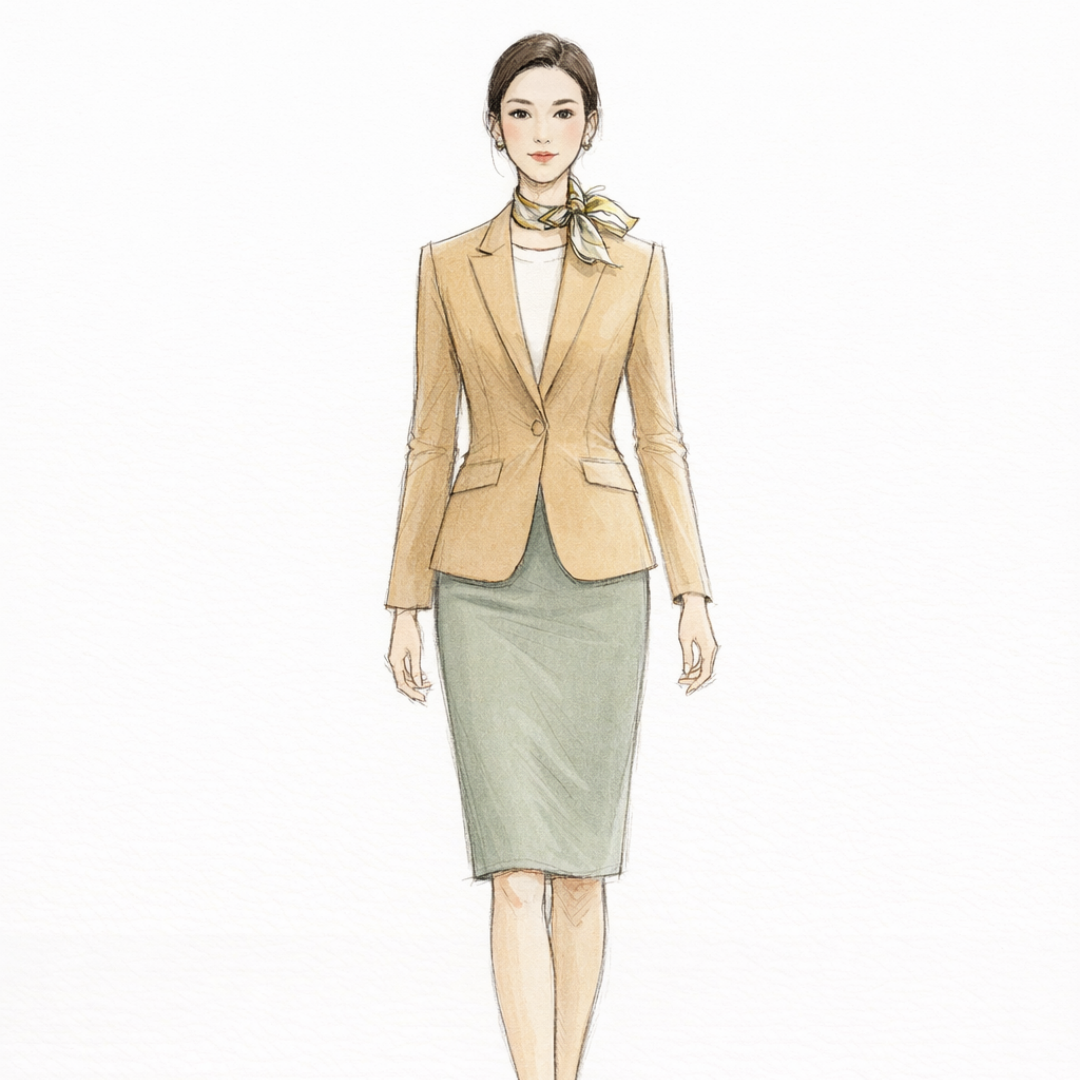 女裝西裝套裝訂製 | 專業商務形象 | 免費制服設計服務 | 卡其色和綠色西裝裙設計 1