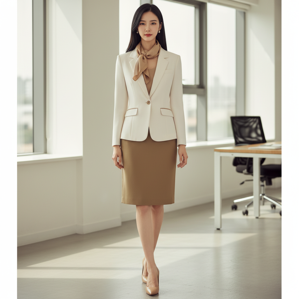 設計女裝時尚西裝套裝 | 米白商務西裝外套 | 配卡其色半身裙套裝 | 專業女裝制服訂造 | 公司制服套裝 1