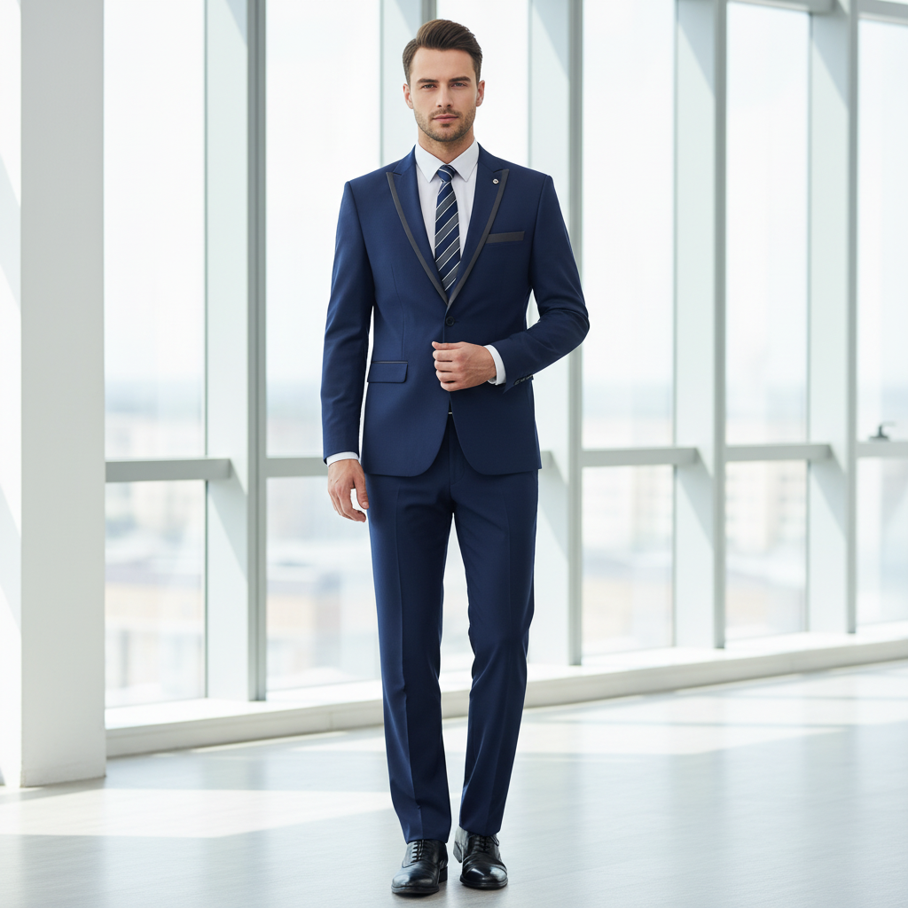 設計西裝領灰色條紋撞色 | 高級修身藍色西裝 | 展現專業與時尚 | 適合香港制服訂造 1