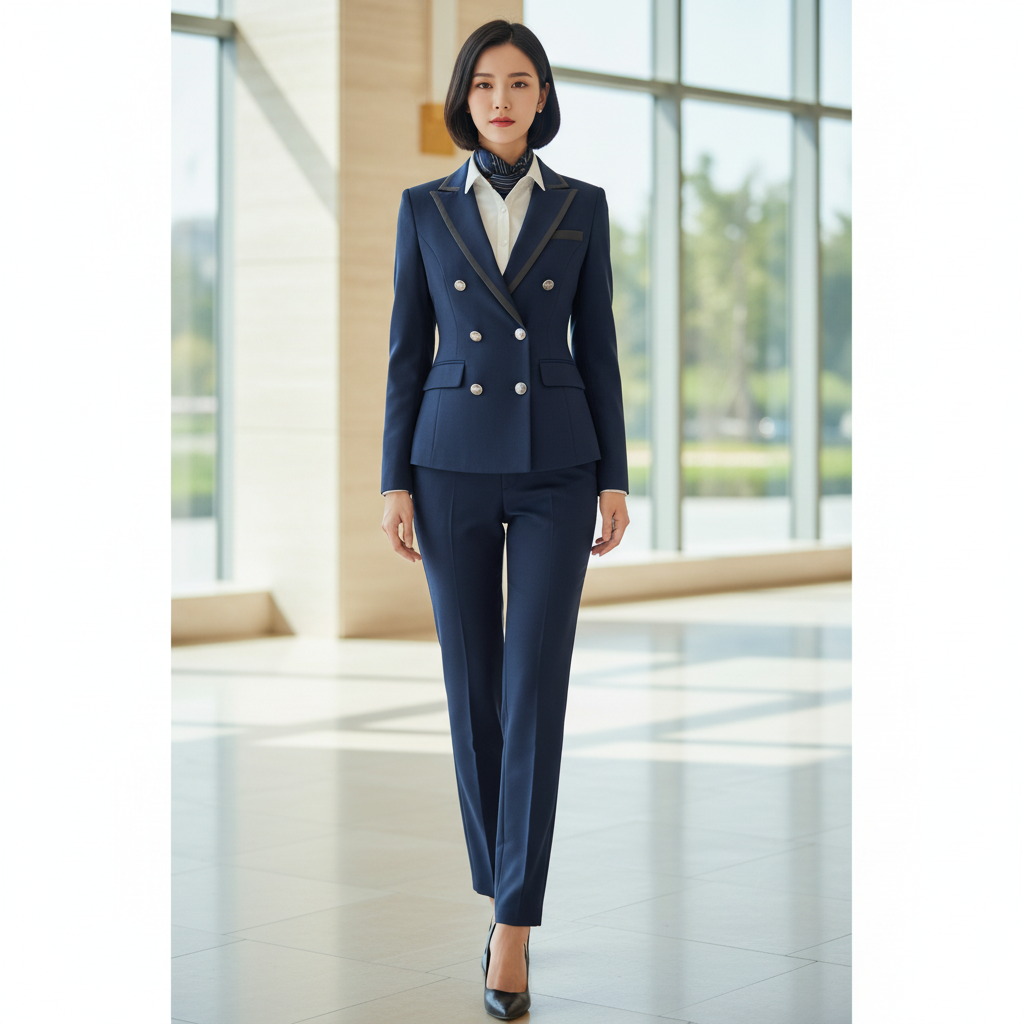 專業商務女西裝制服訂造 | 免費制服設計諮詢 | 一站式企業制服服務 | 深藍色雙排扣西裝套裝 2