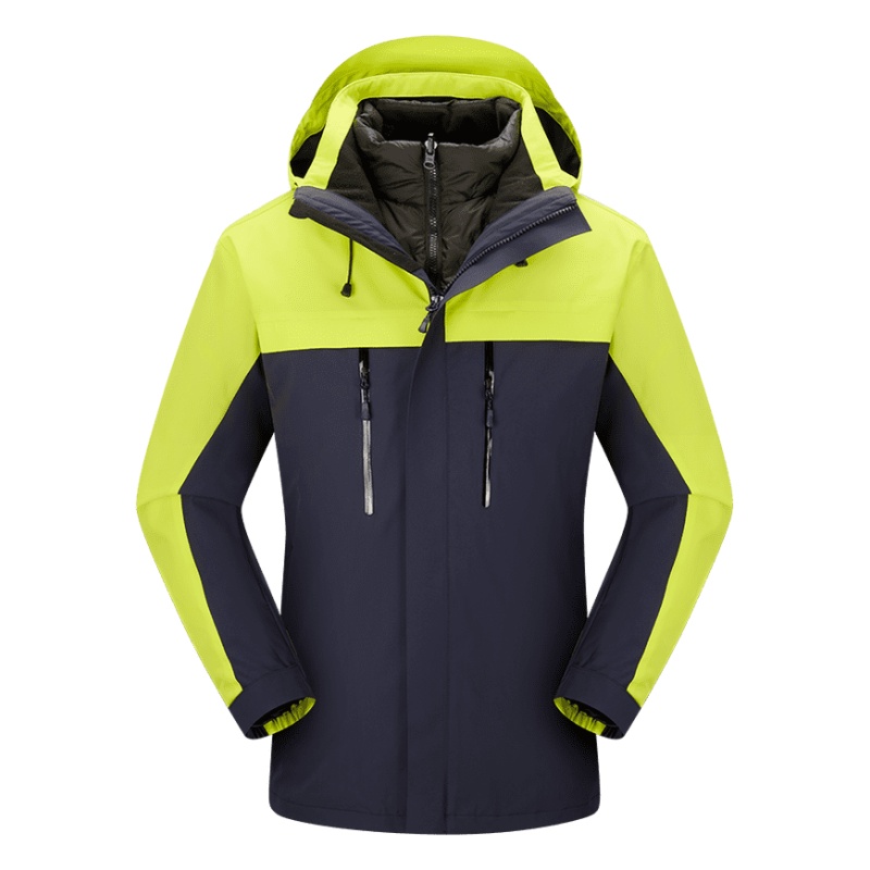 專業三合一防風防水保暖外套訂造：高可視度熒光綠拼接深藍工作服