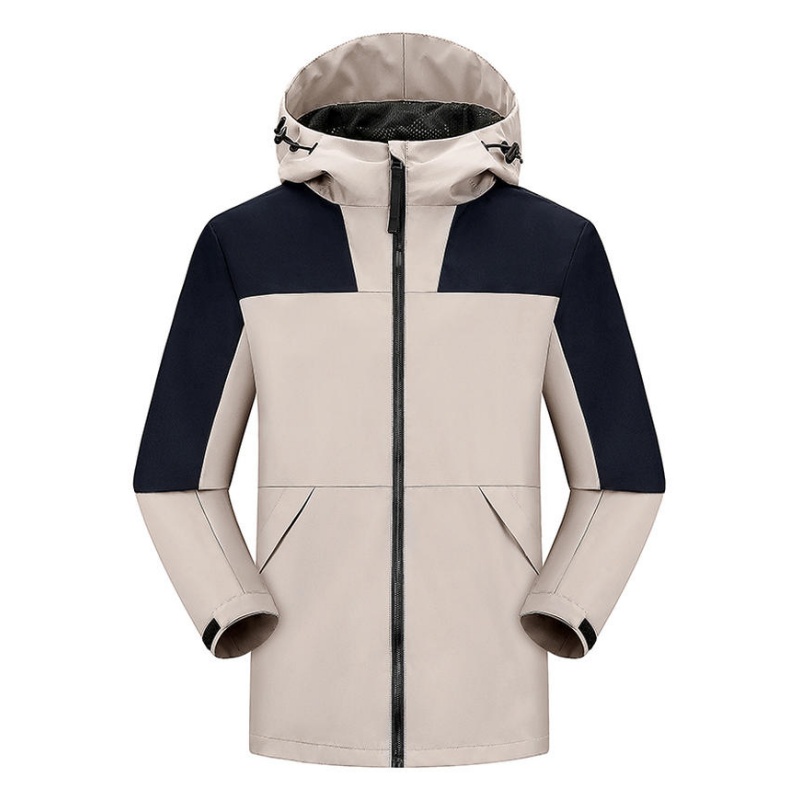 專業防風防水戶外風褸訂造 - 米色拼深藍雙色設計，香港制服團體服首選