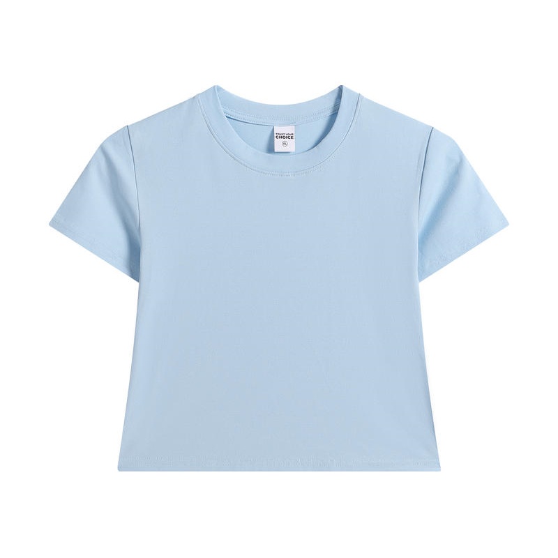 透氣彈力淺藍短款圓領T恤 - 香港制服訂造首選 - iGift 香港女士服裝